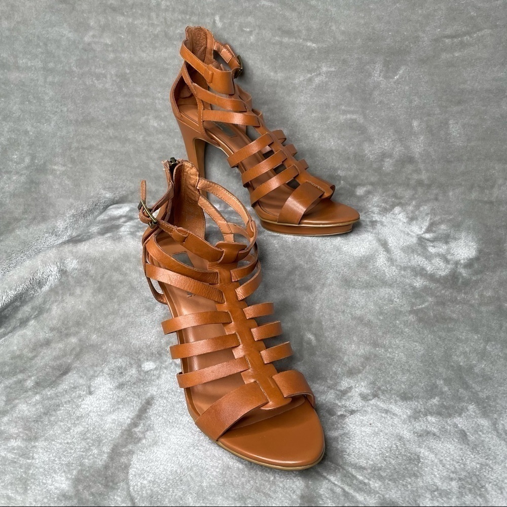 Saks Fifth Avenue Winnie Leather Strappy Gladiator High Heel Sandal Tan 39